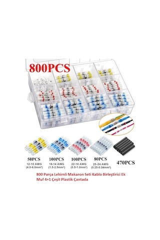 800 Parça Lehimli Makaron Seti Kablo Birleştirici Ek Muf 4+1 Çeşit Plastik Çantada
