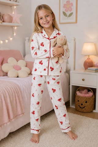 Beniizle Kız Çocuk Çilek Desenli Uzun Kollu Pijama Takımı Beyaz