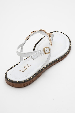 Luvishoes Luvi Shoes Marea Beyaz Hakiki Deri Parmak Arası Gold Tokalı Kadın Sandalet Beyaz