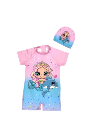 Kız Çocuk Gizli Sırt Fermuarlı Deniz Kızı Yunus Karakter Baskı Desenli Dalgıç Kumaş Boneli Hipster Mayo Takımı Yunus Çok Renkli