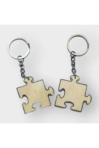 Ahşap Puzzle Sevgili Anahtarlığı 2 Adet Altın - Gümüş