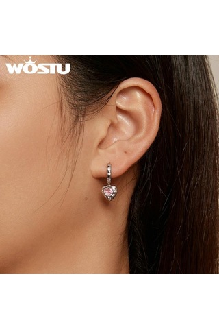 Wostu Düğün Takısı 925 Ayar Gümüş Pembe Cz Kalp Bırak Dangle Küpe Kadınlar İçin Platin Plaka Aşk Kalp Kız Çemberler Hediye