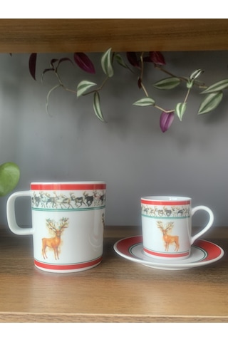 Yeni Yıl-noel Geyik Model 6 Parça 2 Kişilik Kupa Ve Türk Kahvesi Fincanı Takımı Çok Renkli