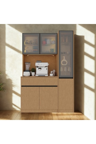 Nordıc Wood Led Li Kahve Köşesi Ünitesi Sağ Vitrinli Füme Cam Komple Mdf Modern Mutfak Kahverengi