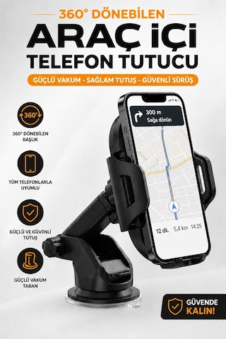 360 Dönebilen Araç Telefon Tutucu - Çift Montajlı Ön Cam + Torpido Tüm Telefonlara Uyumlu Siyah