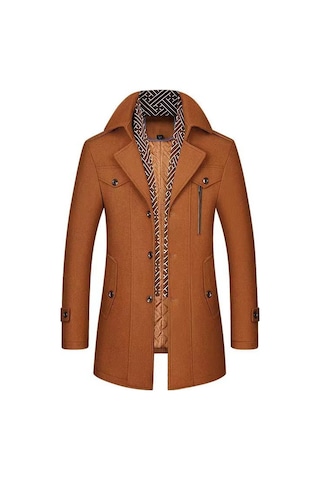 Erkek Yünlü Ceket Sonbahar Ve Kış Erkek Eşarp Yaka Mont Kaban Açık Kahverengi