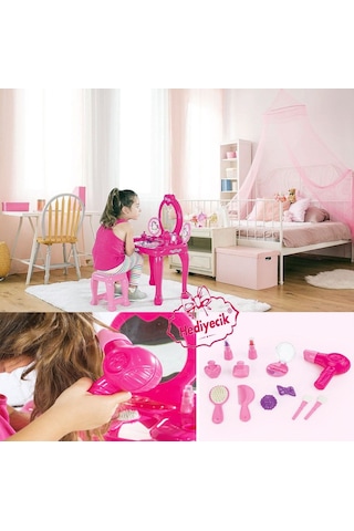 Unicorn Oyuncak Ayaklı Makyaj Masası ve Sandalye Seti Pembe Renk
