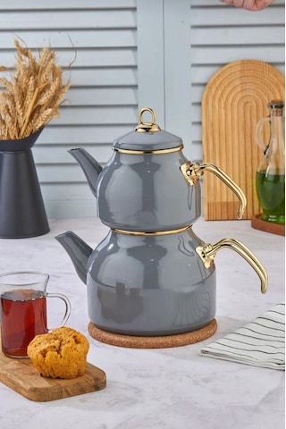Emaye Özel Tasarım Yapışmaz Yüzey Büyük Boy Demlik Seti Emaye Çaydanlık Üst 1.4 L Alt 2.6 L Gri