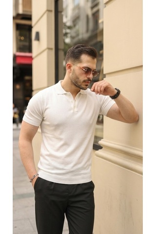 Veraura Lifestyle Erkek Düğmeli Yaka Pamuk Triko Tişört Beyaz