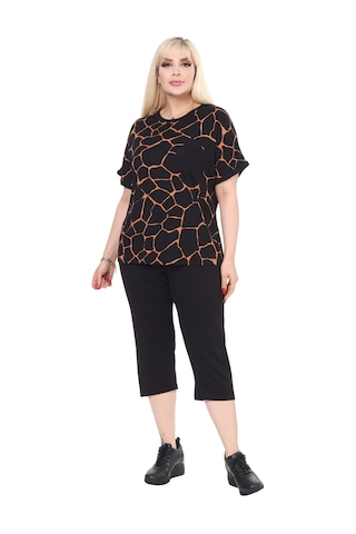 Melsay Butik Siyah Taş Desen Çapraz Cep Detaylı Kapri Takım Siyah