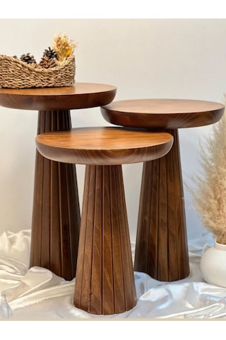 Wood Wooden 3 Lü Set Fitilli Mantar Yan Sehpa Modern