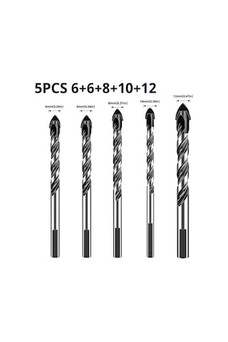 Yunboo Carbide Uçlu 5'li Matkap Ucu Seti: 6/6/8/10/12mm, Fesleğen Tipi, Cam/çini/beton Delme, Toz Temizleme, Kararlı Tutuş