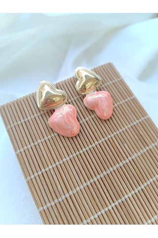 Çelik İkili Kalpli Pembe Küpe Altın - Pembe