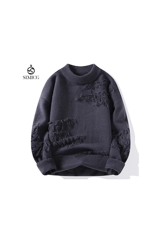 Erkek Sonbahar Ve Kış Düz Renk Kalın Yuvarlak Yaka Kazak Koyu Gri