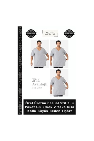 Astrid T Özel Üretim Casual Stil 3'lü Paket Gri Erkek V Yaka Kısa Kollu Büyük Beden Tişört Gri-3