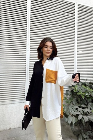 WeShaya Kadın Siyah & Sarı Uzun Kol Detaylı Renk Bloklu Oversize Gömlek Cepli Uzun Tunik Gömlek Siyah