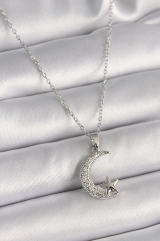 Gümüş Renk Zincir Zirkon Taşlı Hilal Model Yıldız Detay Kadın Kolye - Ebj241228w30263 Bakır