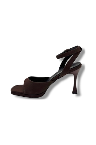 Erbay 603-26 Parlak Saten Tek Bant Orta Boy Topuk Kadın Sandalet 10cm Kahverengi