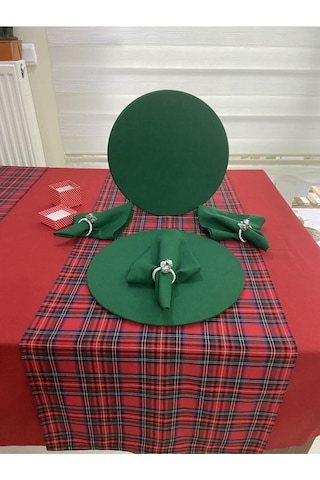 Kırmızı Masa Örtüsü ,ekose Runner , Yeşil Supla Seti , Peçete 4 Kişilik