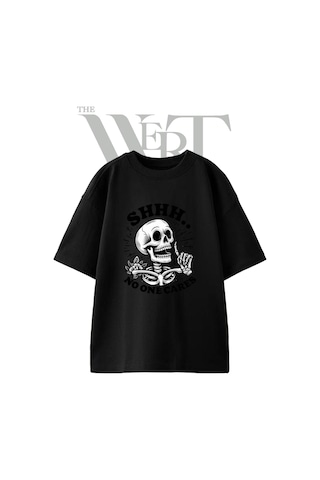 Thewert Suskun Iskelet Tasarım Baskılı Ünisex Siyah Oversize T-shirt