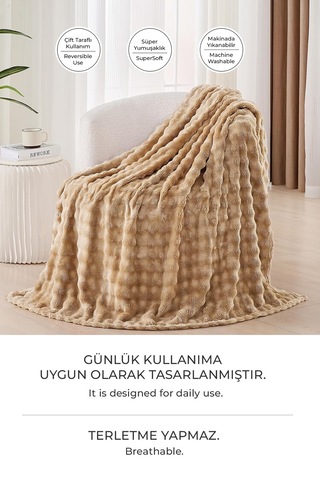 Kürk Bubble Battaniye Seti Çift Kişilik Peluş Tavşan Tüyü 3 Parça Yumuşak 220x240 Cm Bej