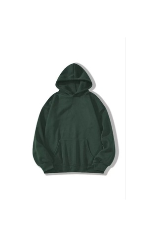 Mbb E-ticaret Kadın Kapüşonlu Kanguru Cepli 3 İplik Pamuklu Düz Hoodie Sweatshirt - Haki
