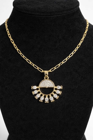 Yarım Güneş Figürlü Gold Zirkon Taşlı Zincir Kolye