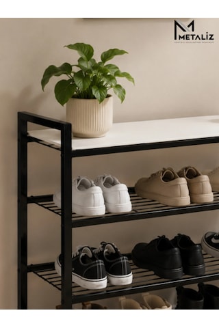 Loft 4 Katlı Siyah Metal Ayakkabılık, Ahşap Mdf Tablalı, Çok Amaçlı Ayakkabı Düzenleyici, 77x30x70 Cm