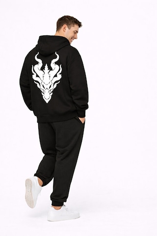 Nevermind Unisex Ejderha Baskılı Beyaz Sevgili Kombini Oversize Hoodie Seti Siyah
