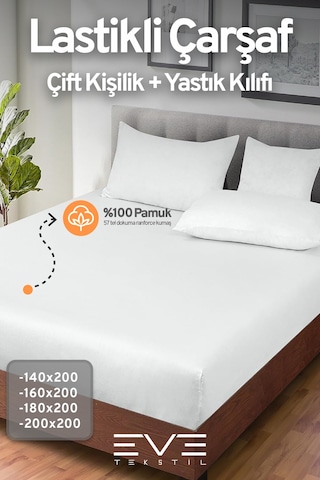 Eve Tekstil Pamuklu Çift Kişilik Rainforce Kumaş Lastikli Çarşaf Ve Yastık Kılıfı Set Beyaz