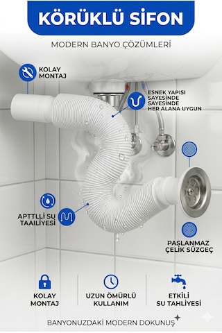Körüklü Lavabo Sifonu Esnek Gider Borusu Kolay Montaj Koku Önleyici