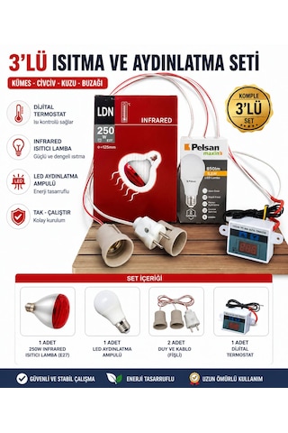 3 Lü Set Infrared Isıtıcı Lamba 250w + Led Ampul + Dijital Termostat Civciv Kuzu Kümes Isıtma