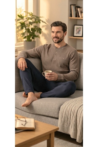 Erse %100 Pamuk Selanik Örme Uzun Kol Erkek Pijama Takımı Kışlık - 9042375795618 Kahverengi
