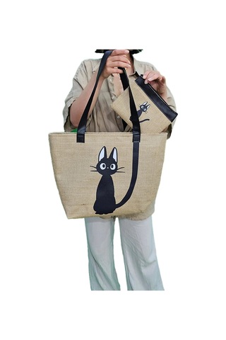 Kedi Baskılı Deri Saplı Hasır Kumaş Baskılı Plaj Çantası Açık Kahverengi