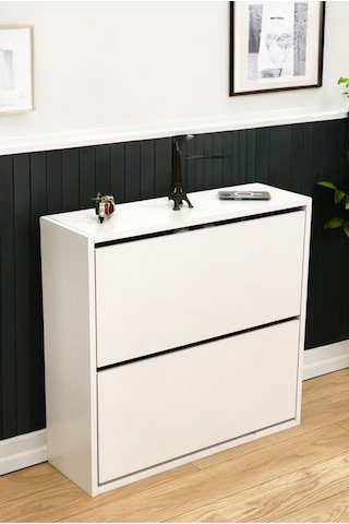 Düşer Kapaklı Ayakkabılık 4 Bölmeli 2 Kapaklı Kayar Raflı Dolap Beyaz