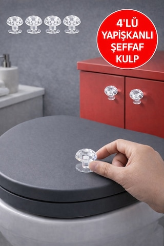 4'lü - 2026 Şeffaf Kristal Kulp Yapışkanlı Mini Kapı Kulpu, Tuvalet Kapağı & Dolap Çekmece Kulbu Diğer
