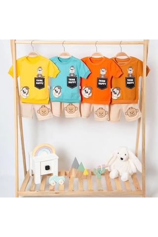 3-18 Ay Erkek Bebek Alt&üst Takımı Maymun 2li Sarı Sarı