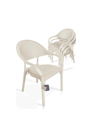 4 Adet Bambu Rattan Kollu Sandalye Koltuk Kapiçino Krem