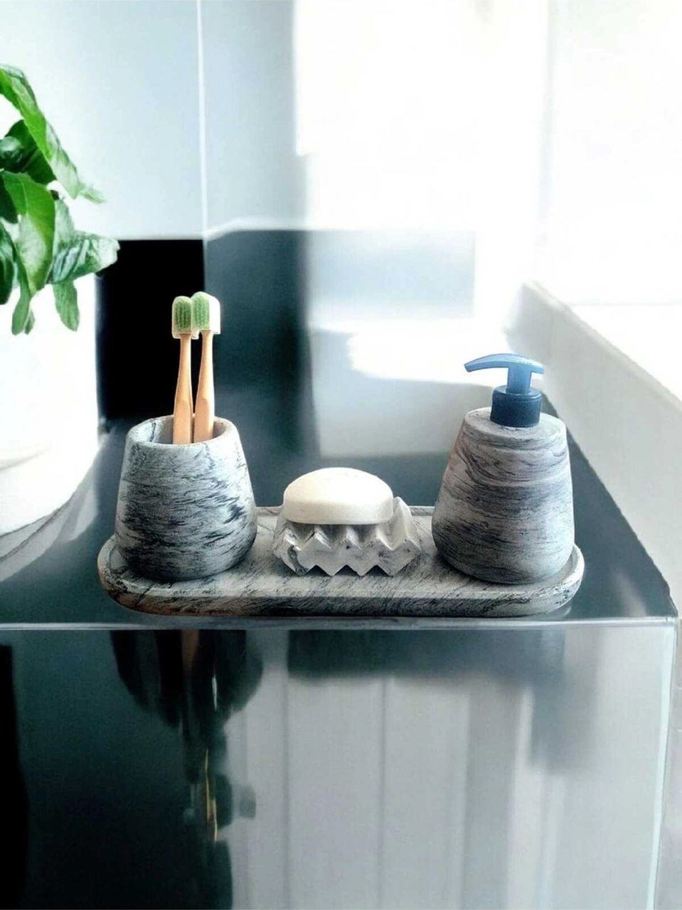 4'lü Antrasit Banyo Seti,sıvı Sabunluk Diş Fırçalığı Beton Aksesuar Takım Antrasit
