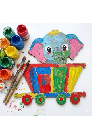 Boyanabilir Ahşap Vagonlu Fil Figürü 13x13 Cm 10 Adet