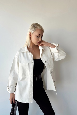 Ekru Çift Cepli Yıkamalı Denim Gömlek Ceket Bcdf-235403 Çok Renkli