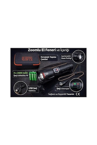 6000 Lümen 60w Şarjlı El Feneri - 2 Km Menzilli 10400 Mah Powerbank 4 Pilli Metal Fener Rt-t709 Çok Renkli