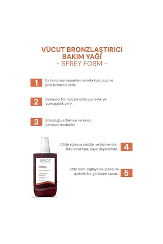 Sinoz Kusursuz Bronzlaştırıcı Hindistan Cevizi Kakao Havuç Yağı İçeren Güneş Yağı Spreyi 200 ML