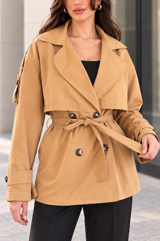 Polo State Kadın Oversize Kruvaze Yaka Kemerli Pelerin Detaylı Kısa Trençkot - Camel