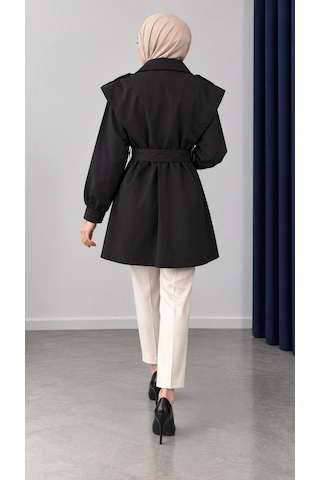 Nevayla Moda Kuşaklı Fermuarlı Mevsimlik Trençkot - Siyah / M0116