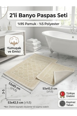 İkili Banyo Paspası Pamuklu Kaymaz Taban Dikdörtgen Banyo Paspas Kilim Set Krem