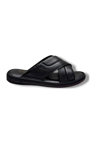 Cakgo 170-26 Hakiki Deri Ultra Soft Çapraz Bant Anatomik Erkek Terlik 40-47 Siyah