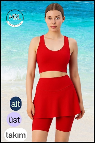 Kadın Takım Alt - Üst Biker Şort Diz Üstü &crop Bra Ped Destekli Denizde Havuzda Sporda Kırmızı Kırmızı