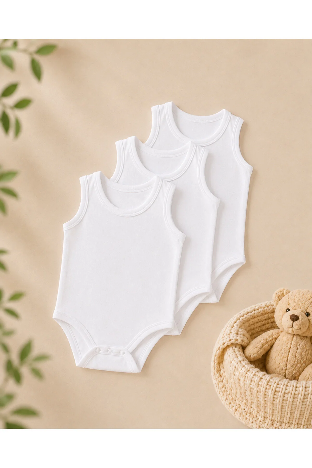 Mini Boncuk 3 Lü %100 Pamuk Unisex Bebek Atlet Body Seti Beyaz
