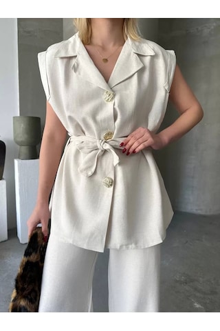 Keten Sıfır Kol Kuşaklı Ceket Pantolon İkili Takım - Beyaz Beyaz